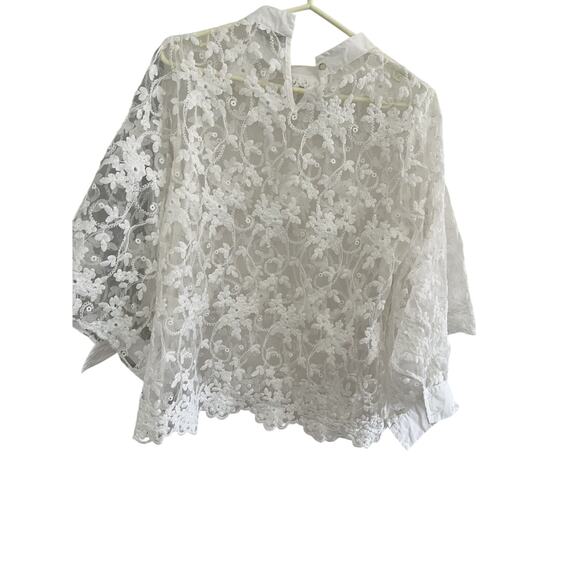 Lace Blouse Women L Sheer Pullover Butterfly Sleeve Fabric Collar Romantic Boho - Picture 2 of 7